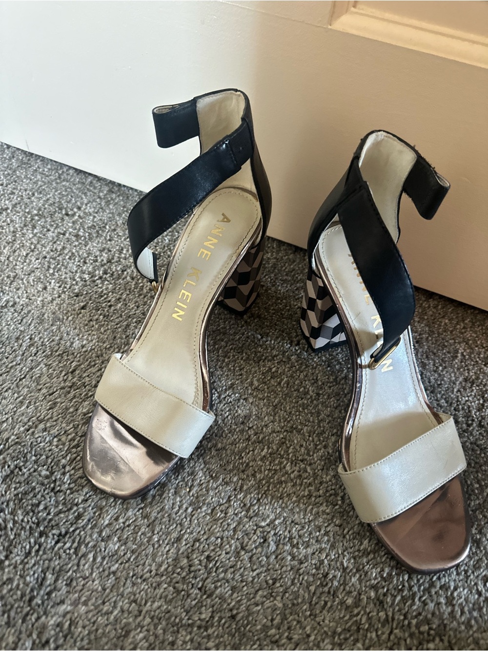 Anne Klein Black and Cream Geometric Block Heel Sandals